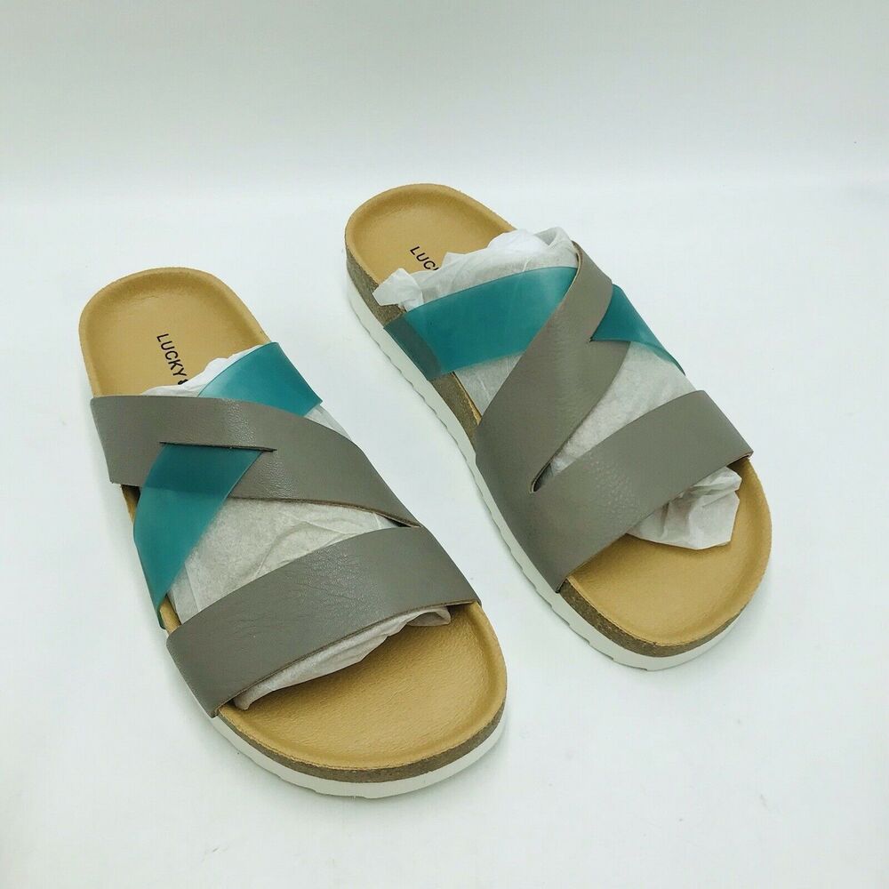 Lucky Brand 7.5M Hafina Slides Slip On Sandals Driftwood Blue Gray Strappy New